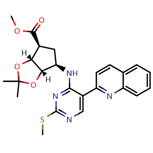 Chemical structure of Methyl (3aR,4S,6R,6aS)-2,2-dimethyl-6-((2-(methylthio)-5-(quinolin-2-yl)pyrimidin-4-yl)amino)tetrahydro-4H-cyclopenta[d][1,3]dioxole-4-carboxylate , AChemBlock AD272020