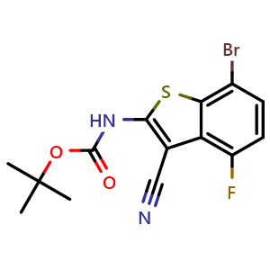 Chemical structure of tert-Butyl N-(7-bromo-3-cyano-4-fluoro-1-benzothiophen-2-yl)carbamate , AChemBlock AD272036