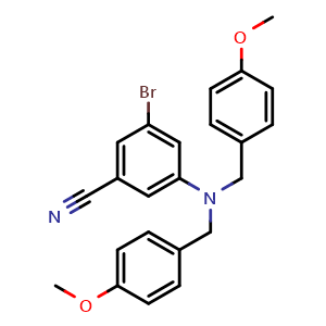 Chemical structure of 3-(bis[(4-methoxyphenyl)methyl]amino)-5-bromobenzonitrile , AChemBlock AD272040