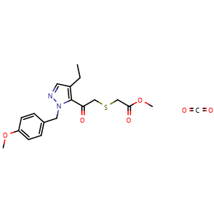 Chemical structure of methyl 2-((2-(4-ethyl-1-(4-methoxybenzyl)-1H-pyrazol-5-yl)-2-oxoethyl)thio)acetate compound with carbon dioxide (1:1) , AChemBlock AD272043