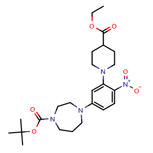 Chemical structure of tert-Butyl 4-(3-(4-(ethoxycarbonyl)piperidin-1-yl)-4-nitrophenyl)-1,4-diazepane-1-carboxylate , AChemBlock AD272049