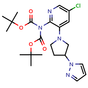 Chemical structure of tert-Butyl (3-(3-(1H-pyrazol-1-yl)pyrrolidin-1-yl)-5-chloropyridin-2-yl)(tert-butoxycarbonyl)carbamate , AChemBlock AD272053