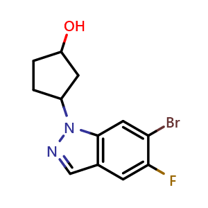 Chemical structure of 3-(6-bromo-5-fluoro-1H-indazol-1-yl)cyclopentan-1-ol , AChemBlock AD272063