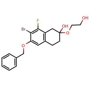 Chemical structure of 6-(benzyloxy)-7-bromo-8-fluoro-2-(2-hydroxyethoxy)-1,2,3,4-tetrahydronaphthalen-2-ol , AChemBlock AD272068