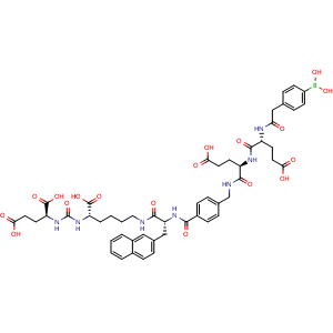 Chemical structure of (2S)-2-({[(1S)-1-carboxy-5-[(2R)-2-[(4-{[(2R)-4-carboxy-2-[(2R)-4-carboxy-2-(2-(4-(dihydroxyboranyl)phenyl)acetamido)butanamido]butanamido]methyl}phenyl)formamido]-3-(naphthalen-2-yl)propanamido]pentyl]carbamoyl}amino)pentanedioic acid , AChemBlock AD272080