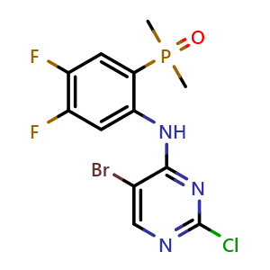 Chemical structure of (2-((5-bromo-2-chloropyrimidin-4-yl)amino)-4,5-difluorophenyl)dimethylphosphine oxide , AChemBlock AD272093