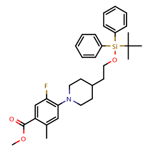 Chemical structure of methyl 4-(4-(2-[(tert-butyldiphenylsilyl)oxy]ethyl)piperidin-1-yl)-5-fluoro-2-methylbenzoate , AChemBlock AD272095