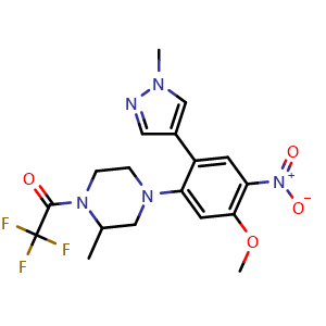Chemical structure of 2,2,2-trifluoro-1-(4-(5-methoxy-2-(1-methyl-1H-pyrazol-4-yl)-4-nitrophenyl)-2-methylpiperazin-1-yl)ethan-1-one , AChemBlock AD272098