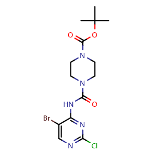 Chemical structure of tert-butyl 4-((5-bromo-2-chloropyrimidin-4-yl)carbamoyl)piperazine-1-carboxylate , AChemBlock AD272101