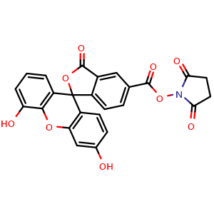 Chemical structure of 2,5-dioxopyrrolidin-1-yl 4',6'-dihydroxy-3-oxo-3H-spiro[2-benzofuran-1,9'-xanthene]-5-carboxylate , AChemBlock AD272105