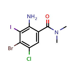 Chemical structure of 2-amino-4-bromo-5-chloro-3-iodo-N,N-dimethylbenzamide , AChemBlock AD272111