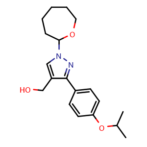 Chemical structure of (1-(oxepan-2-yl)-3-(4-(propan-2-yloxy)phenyl)-1H-pyrazol-4-yl)methanol , AChemBlock AD272116