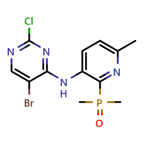Chemical structure of (3-((5-bromo-2-chloropyrimidin-4-yl)amino)-6-methylpyridin-2-yl)dimethylphosphine oxide , AChemBlock AD272124