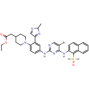 Chemical structure of ethyl 2-(1-(4-((5-bromo-4-((1-(dimethylphosphoryl)naphthalen-2-yl)amino)pyrimidin-2-yl)amino)-2-(2-methyl-2H-imidazol-4-yl)phenyl)piperidin-4-yl)acetate , AChemBlock AD272125
