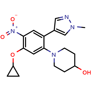 Chemical structure of 1-(5-cyclopropoxy-2-(1-methyl-1H-pyrazol-4-yl)-4-nitrophenyl)piperidin-4-ol , AChemBlock AD272126