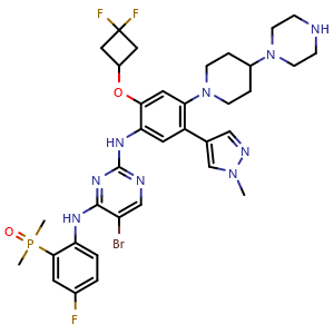 Chemical structure of (2-((5-bromo-2-((2-(3,3-difluorocyclobutoxy)-5-(1-methyl-1H-pyrazol-4-yl)-4-(4-(piperazin-1-yl)piperidin-1-yl)phenyl)amino)pyrimidin-4-yl)amino)-5-fluorophenyl)dimethylphosphine oxide , AChemBlock AD272130