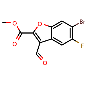 Chemical structure of methyl 6-bromo-5-fluoro-3-formylbenzofuran-2-carboxylate , AChemBlock AD272133