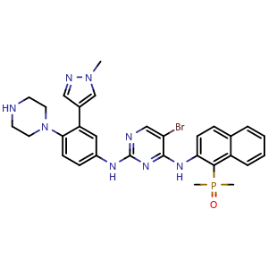 Chemical structure of (2-((5-bromo-2-((3-(1-methyl-1H-pyrazol-4-yl)-4-(piperazin-1-yl)phenyl)amino)pyrimidin-4-yl)amino)naphthalen-1-yl)dimethylphosphine oxide , AChemBlock AD272137