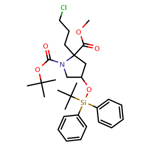 Chemical structure of 1-tert-butyl 2-methyl 4-[(tert-butyldiphenylsilyl)oxy]-2-(3-chloropropyl)pyrrolidine-1,2-dicarboxylate , AChemBlock AD272142