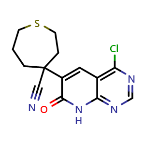 Chemical structure of 4-(4-chloro-7-oxo-7H,8H-pyrido[2,3-d]pyrimidin-6-yl)thiepane-4-carbonitrile , AChemBlock AD272143