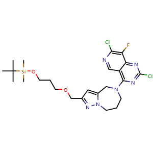 Chemical structure of 4-(2-[(3-[(tert-butyldimethylsilyl)oxy]propoxy)methyl]-4H,5H,6H,7H,8H-pyrazolo[1,5-a][1,4]diazepin-5-yl)-2,7-dichloro-8-fluoropyrido[4,3-d]pyrimidine , AChemBlock AD272145