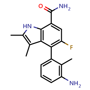 Chemical structure of 4-(3-amino-2-methylphenyl)-5-fluoro-2,3-dimethyl-1H-indole-7-carboxamide , AChemBlock AD272152