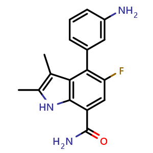 Chemical structure of 4-(3-aminophenyl)-5-fluoro-2,3-dimethyl-1H-indole-7-carboxamide , AChemBlock AD272154