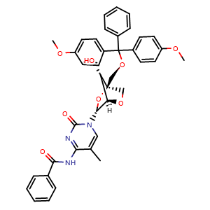 Chemical structure of N-(1-[(1R,3R,4R,7S)-1-[(bis(4-methoxyphenyl)(phenyl)methoxy)methyl]-7-hydroxy-2,5-dioxabicyclo[2.2.1]heptan-3-yl]-5-methyl-2-oxo-1,2-dihydropyrimidin-4-yl)benzamide , AChemBlock AD272155