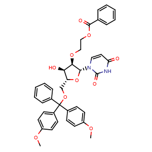 Chemical structure of 2-{[(2R,3R,4R,5R)-5-[(bis(4-methoxyphenyl)(phenyl)methoxy)methyl]-2-(2,4-dioxo-1,2,3,4-tetrahydropyrimidin-1-yl)-4-hydroxyoxolan-3-yl]oxy}ethyl benzoate , AChemBlock AD272158