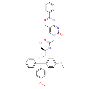 Chemical structure of N-(1-({[(2R)-1-(bis(4-methoxyphenyl)(phenyl)methoxy)-3-hydroxypropan-2-yl]carbamoyl}methyl)-5-methyl-2-oxo-1,2-dihydropyrimidin-4-yl)benzamide , AChemBlock AD272160