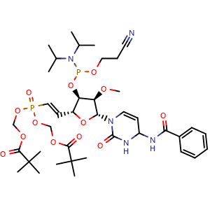 Chemical structure of ({[(E)-2-[(2R,3R,4R,5R)-5-(4-benzamido-2-oxo-1,2,3,4-tetrahydropyrimidin-1-yl)-3-{[(bis(propan-2-yl)amino)(2-cyanoethoxy)phosphanyl]oxy}-4-methoxyoxolan-2-yl]ethenyl]({[(2,2-dimethylpropanoyl)oxy]methoxy})phosphoryl}oxy)methyl 2,2-dimethylpropanoate , AChemBlock AD272161