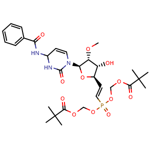 Chemical structure of ({[(E)-2-[(2R,3R,4R,5R)-5-(4-benzamido-2-oxo-1,2,3,4-tetrahydropyrimidin-1-yl)-3-hydroxy-4-methoxyoxolan-2-yl]ethenyl]({[(2,2-dimethylpropanoyl)oxy]methoxy})phosphoryl}oxy)methyl 2,2-dimethylpropanoate , AChemBlock AD272162