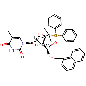 Chemical structure of 1-[(1R,3R,4R,7S)-1-{[(tert-butyldiphenylsilyl)oxy]methyl}-7-[(naphthalen-1-yl)methoxy]-2,5-dioxabicyclo[2.2.1]heptan-3-yl]-5-methyl-1,2,3,4-tetrahydropyrimidine-2,4-dione , AChemBlock AD272163