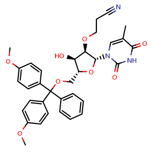 Chemical structure of 3-{[(2R,3R,4R,5R)-5-[(bis(4-methoxyphenyl)(phenyl)methoxy)methyl]-4-hydroxy-2-(5-methyl-2,4-dioxo-1,2,3,4-tetrahydropyrimidin-1-yl)oxolan-3-yl]oxy}propanenitrile , AChemBlock AD272164