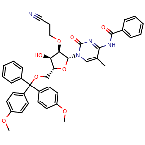 Chemical structure of N-(1-[(2R,3R,4R,5R)-5-[(bis(4-methoxyphenyl)(phenyl)methoxy)methyl]-3-(2-cyanoethoxy)-4-hydroxyoxolan-2-yl]-5-methyl-2-oxo-1,2-dihydropyrimidin-4-yl)benzamide , AChemBlock AD272167