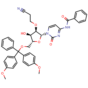 Chemical structure of N-(1-[(2R,3R,4R,5R)-5-[(bis(4-methoxyphenyl)(phenyl)methoxy)methyl]-3-(2-cyanoethoxy)-4-hydroxyoxolan-2-yl]-2-oxo-1,2-dihydropyrimidin-4-yl)benzamide , AChemBlock AD272169