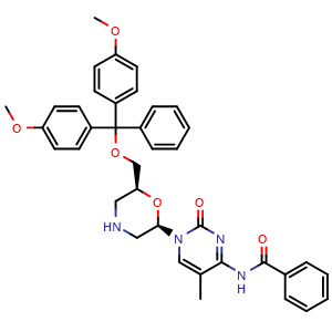 Chemical structure of N-(1-[(2R,6S)-6-[(bis(4-methoxyphenyl)(phenyl)methoxy)methyl]morpholin-2-yl]-5-methyl-2-oxo-1,2-dihydropyrimidin-4-yl)benzamide , AChemBlock AD272170