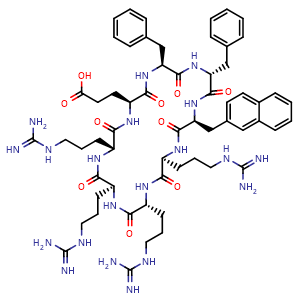Chemical structure of 3-[(2S,5S,8R,11S,14S,17R,20S,23R)-5,8-dibenzyl-14,17,20,23-tetrakis(3-carbamimidamidopropyl)-11-[(naphthalen-2-yl)methyl]-3,6,9,12,15,18,21,24-octaoxo-1,4,7,10,13,16,19,22-octaazacyclotetracosan-2-yl]propanoic acid , AChemBlock AD272172