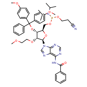 Chemical structure of N-(9-[(2R,3R,4R,5R)-4-(bis(4-methoxyphenyl)(phenyl)methoxy)-5-({[(bis(propan-2-yl)amino)(2-cyanoethoxy)phosphanyl]oxy}methyl)-3-(2-methoxyethoxy)oxolan-2-yl]-9H-purin-6-yl)benzamide , AChemBlock AD272174