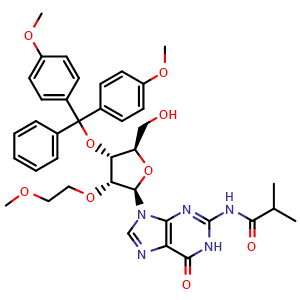 Chemical structure of N-(9-[(2R,3R,4R,5R)-4-(bis(4-methoxyphenyl)(phenyl)methoxy)-5-(hydroxymethyl)-3-(2-methoxyethoxy)oxolan-2-yl]-6-oxo-6,9-dihydro-1H-purin-2-yl)-2-methylpropanamide , AChemBlock AD272175