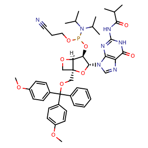 Chemical structure of N-(9-[(1R,3R,4R,5S)-1-[(bis(4-methoxyphenyl)(phenyl)methoxy)methyl]-4-{[(bis(propan-2-yl)amino)(2-cyanoethoxy)phosphanyl]oxy}-2,6-dioxabicyclo[3.2.0]heptan-3-yl]-6-oxo-6,9-dihydro-1H-purin-2-yl)-2-methylpropanamide , AChemBlock AD272176
