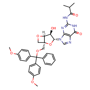Chemical structure of N-(9-[(1R,3R,4R,5S)-1-[(bis(4-methoxyphenyl)(phenyl)methoxy)methyl]-4-hydroxy-2,6-dioxabicyclo[3.2.0]heptan-3-yl]-6-oxo-6,9-dihydro-1H-purin-2-yl)-2-methylpropanamide , AChemBlock AD272177