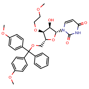 Chemical structure of 1-[(2R,3R,4S,5R)-5-[(bis(4-methoxyphenyl)(phenyl)methoxy)methyl]-3-hydroxy-4-(2-methoxyethoxy)oxolan-2-yl]-1,2,3,4-tetrahydropyrimidine-2,4-dione , AChemBlock AD272178