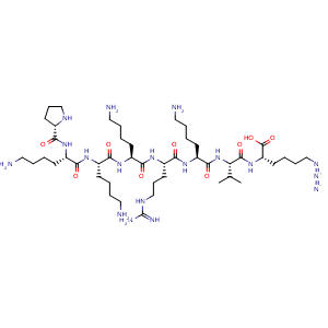 Chemical structure of (2S)-2-[(2S)-2-[(2S)-6-amino-2-[(2S)-2-[(2S)-6-amino-2-[(2S)-6-amino-2-[(2S)-6-amino-2-{[(2S)-pyrrolidin-2-yl]formamido}hexanamido]hexanamido]hexanamido]-5-carbamimidamidopentanamido]hexanamido]-3-methylbutanamido]-6-azidohexanoic acid , AChemBlock AD272179