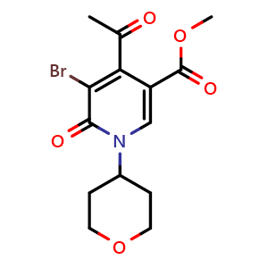 Chemical structure of methyl 4-acetyl-5-bromo-6-oxo-1-(tetrahydro-2H-pyran-4-yl)-1,6-dihydropyridine-3-carboxylate , AChemBlock AD272183