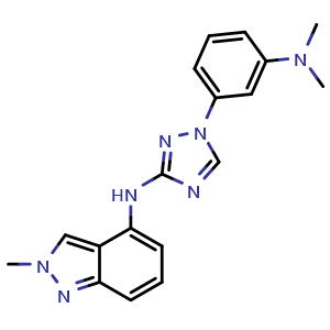 Chemical structure of N-(1-(3-(dimethylamino)phenyl)-1H-1,2,4-triazol-3-yl)-2-methyl-2H-indazol-4-amine , AChemBlock AD272186