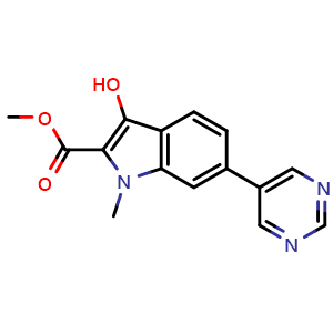 Chemical structure of methyl 3-hydroxy-1-methyl-6-(pyrimidin-5-yl)-1H-indole-2-carboxylate , AChemBlock AD272195