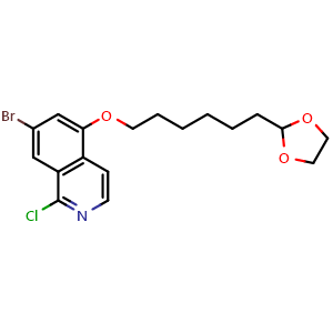 Chemical structure of 5-((6-(1,3-dioxolan-2-yl)hexyl)oxy)-7-bromo-1-chloroisoquinoline , AChemBlock AD272200