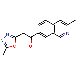 Chemical structure of 2-(5-methyl-1,3,4-oxadiazol-2-yl)-1-(3-methylisoquinolin-7-yl)ethan-1-one , AChemBlock AD272202
