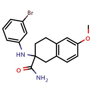 Chemical structure of 2-((3-bromophenyl)amino)-6-methoxy-1,2,3,4-tetrahydronaphthalene-2-carboxamide , AChemBlock AD272207